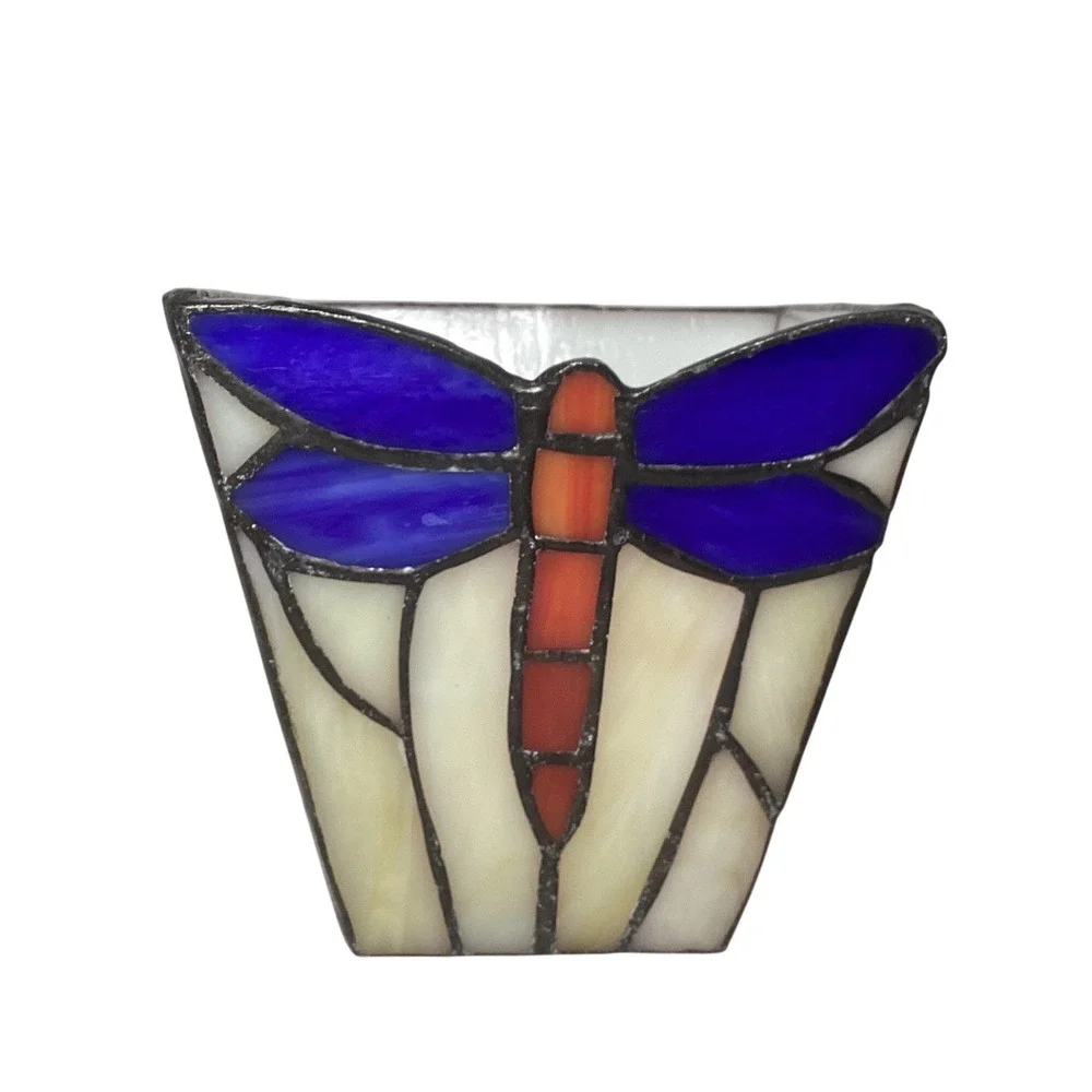 Handmade Stained Glass Dragonfly Holder and Pressed Flower Tulip Set Blue White